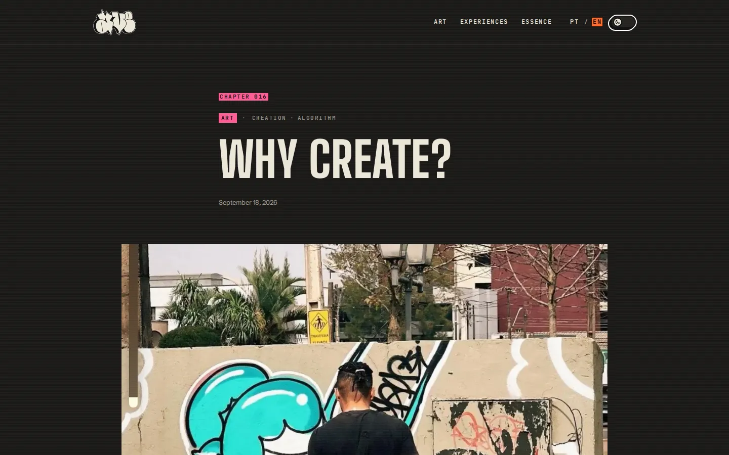 A chapter page on AVE: the pink "Art" tag, the title "WHY CREATE?" in tall condensed letters and a photo of a graffiti wall below