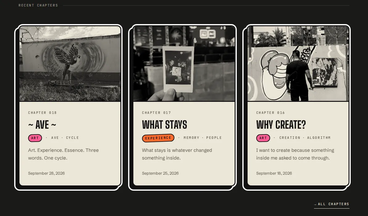The recent chapters on AVE: three cards with black and white photos of a graffiti bird, an instant photo held up at a party and a person painting a wall, each with a colored category tag