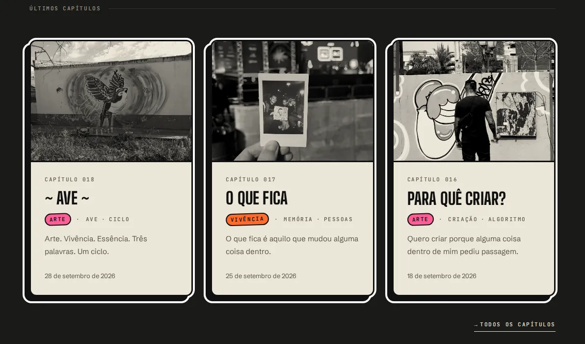 Os últimos capítulos da AVE: três cards com fotos em preto e branco de um pássaro grafitado, uma foto instantânea erguida numa festa e uma pessoa pintando um muro, cada um com uma tag colorida de categoria