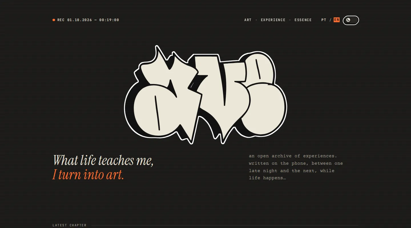 AVE home page: the word AVE in cream graffiti letters with a thick black outline, above the line "What life teaches me, I turn into art."