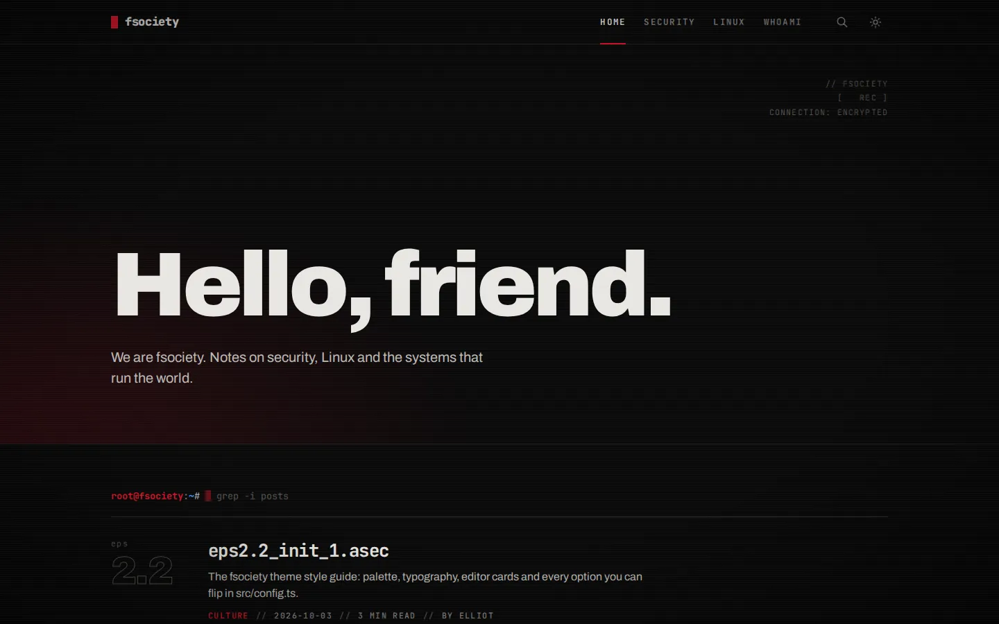 fsociety home page: the "Hello, friend." greeting typed like a terminal line, with a camera HUD in the corner and the post list below