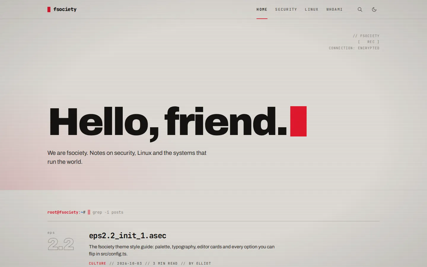 The fsociety home page in light mode