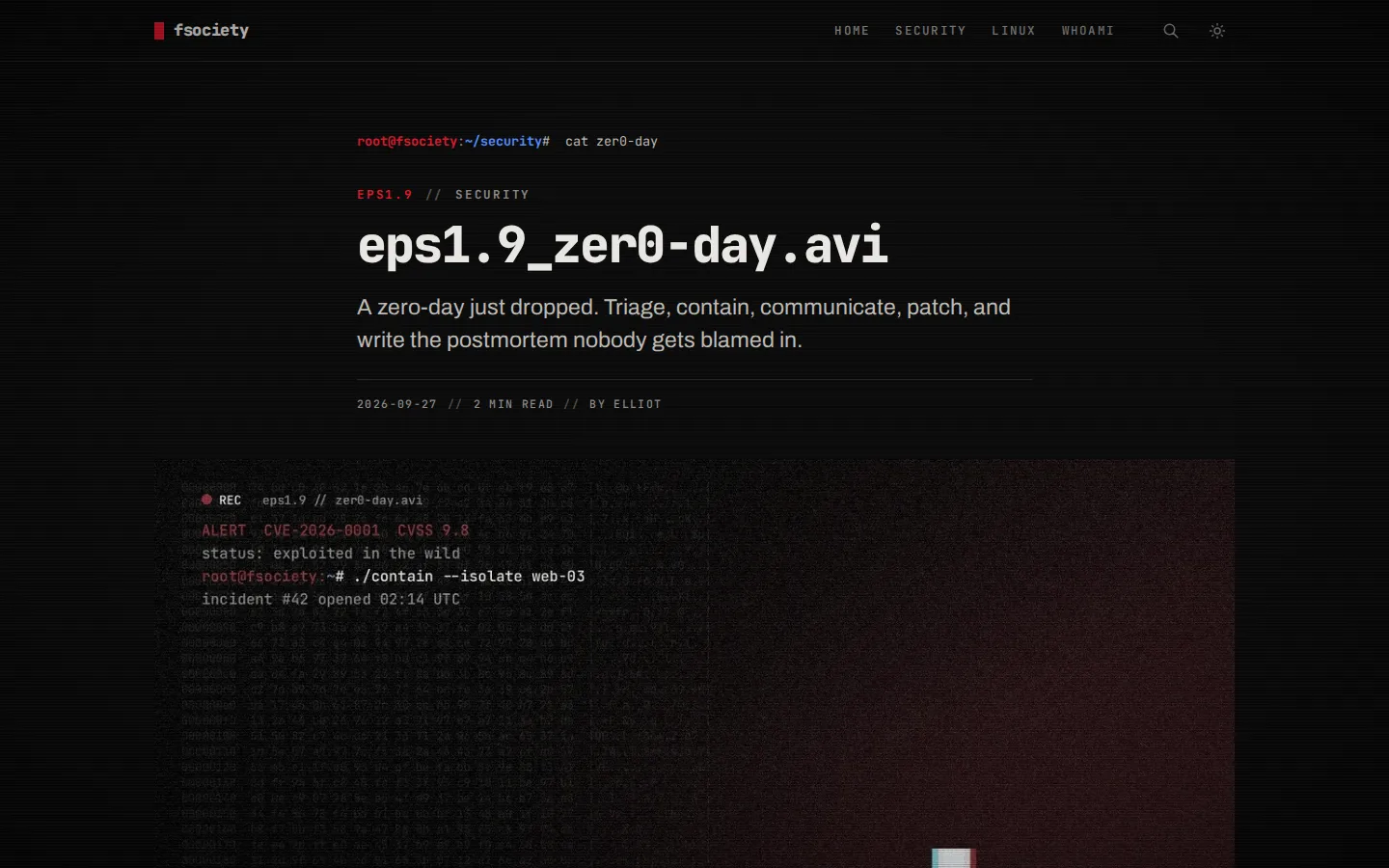 A fsociety post page with the episode number, the title and a glitchy cover image