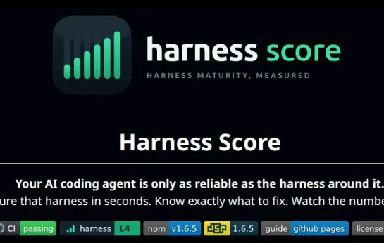 Top of the Harness Score README with the logo, the slogan "Your AI coding agent is only as reliable as the harness around it" and the project's badges