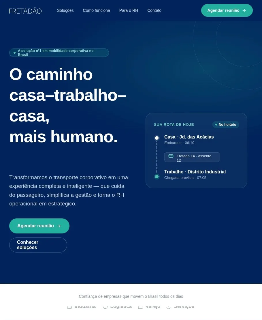 Hero mockup of the Fretadão website made in Claude Design: the headline, the schedule-a-meeting buttons and a card with the day's route