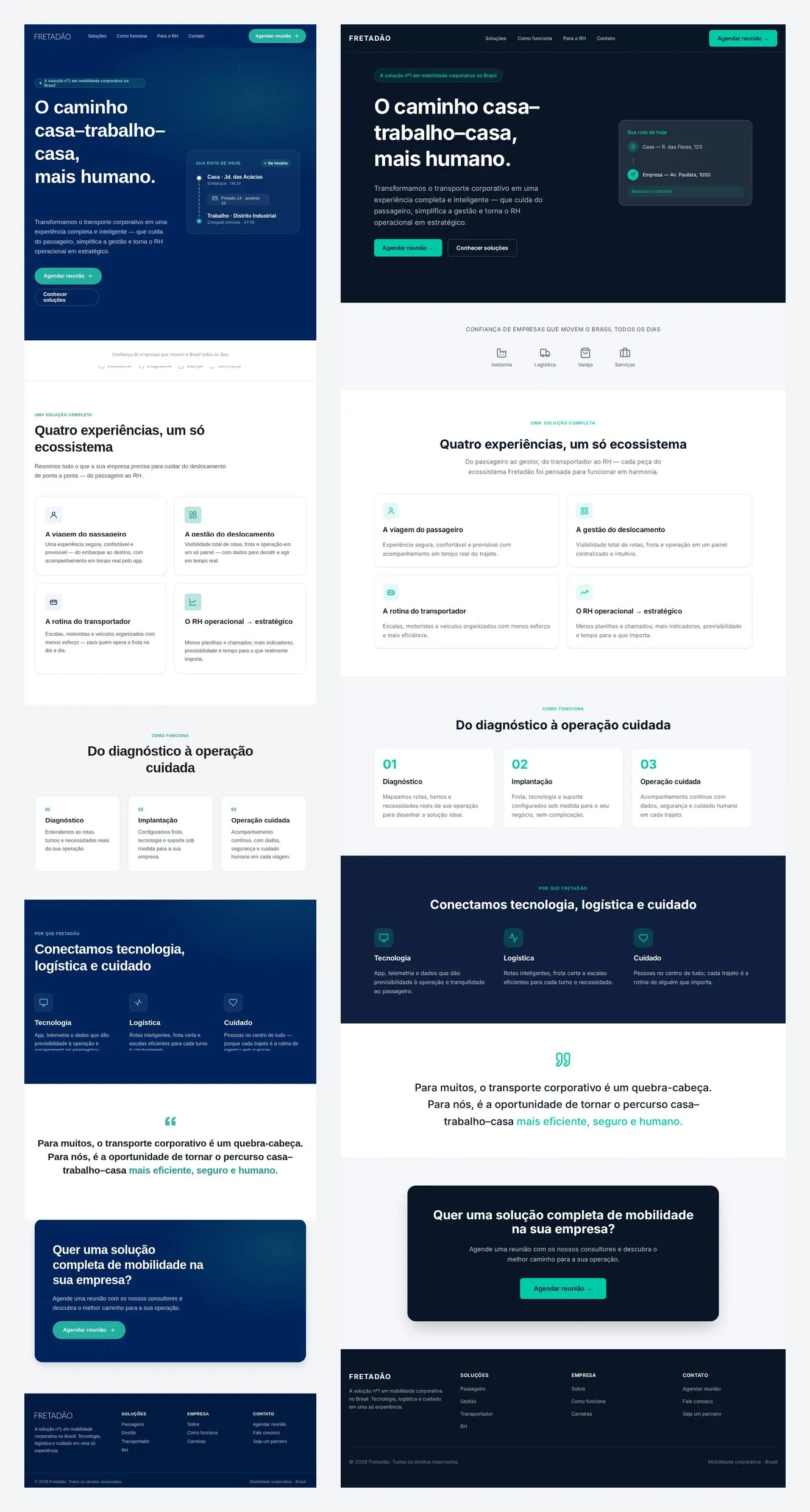 Side-by-side comparison of the whole page: the Claude Design mockup on the left and the final React and Tailwind site on the right, with the same sections in the same order