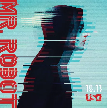 Mr. Robot season 3 poster: Elliot's profile in a hoodie, sliced by cyan and red glitch lines, with "MR. ROBOT" written vertically in red