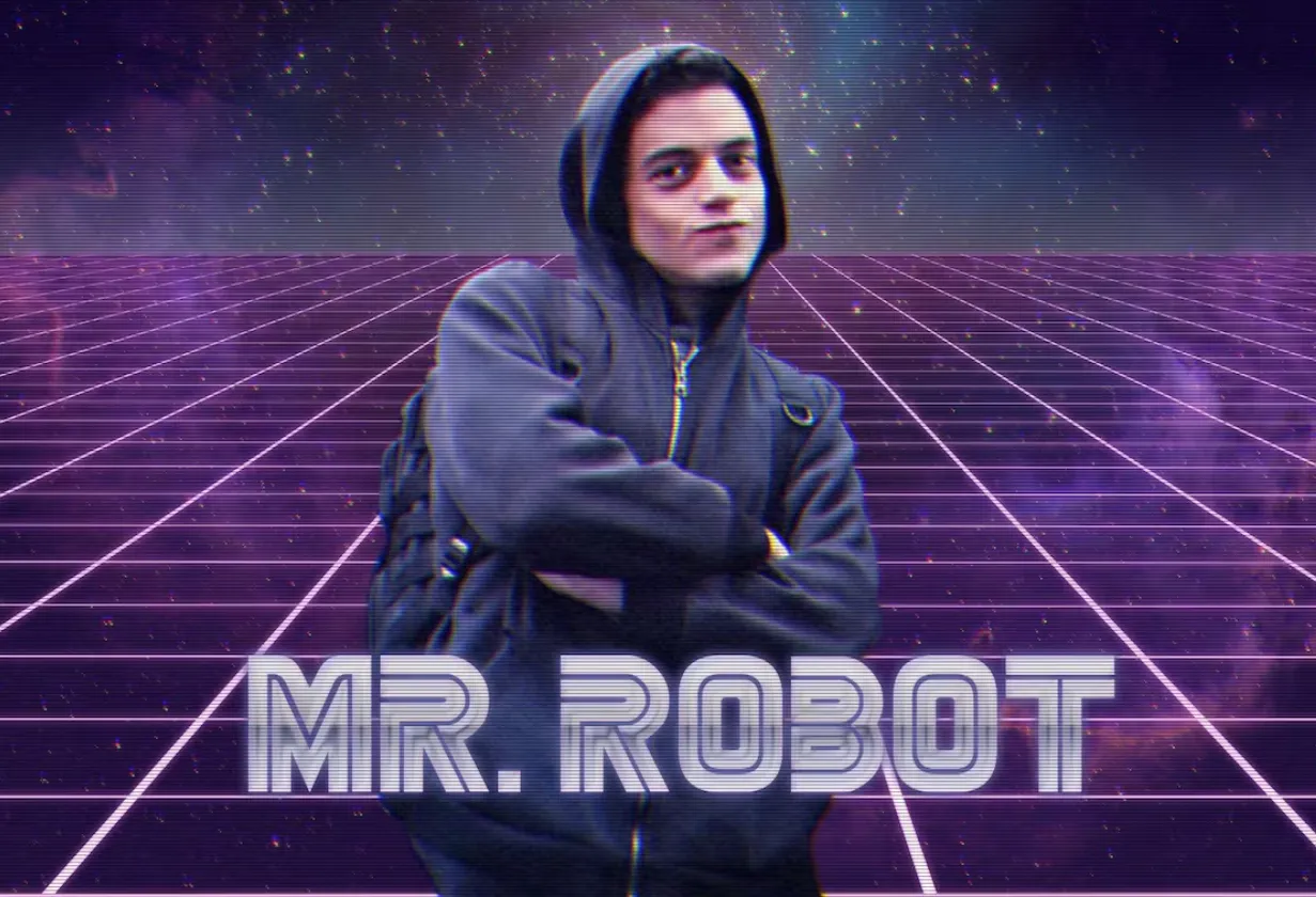 Elliot in his black hoodie, arms crossed, over a purple synthwave grid with "MR. ROBOT" in chrome letters