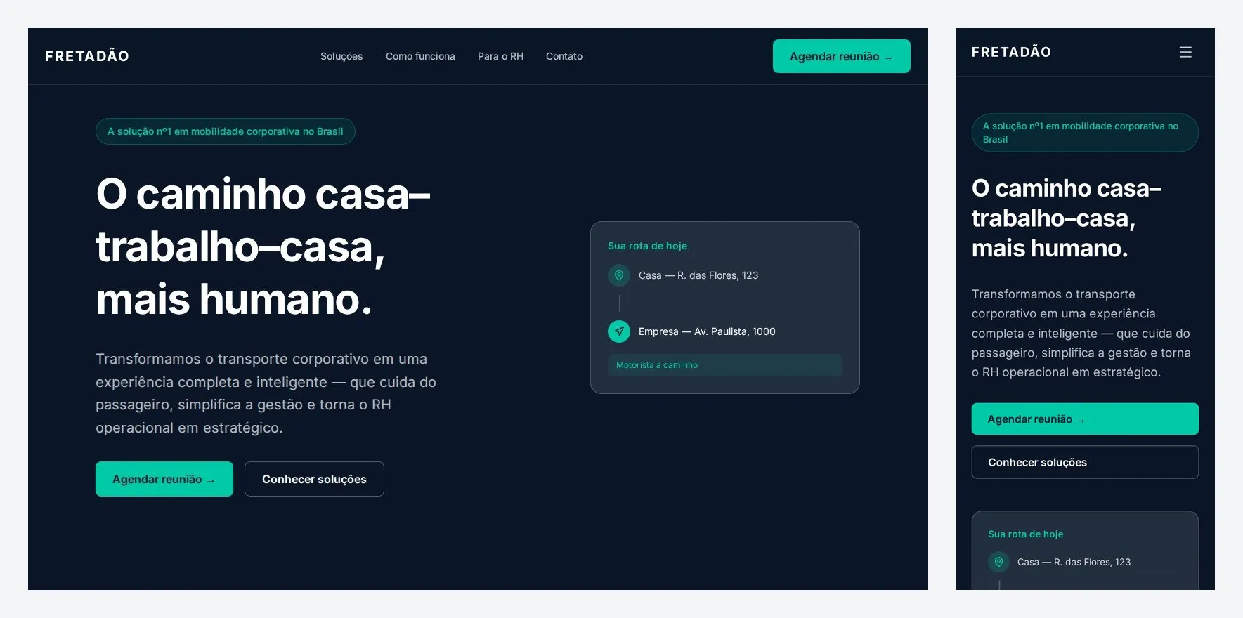 The final Fretadão site on desktop and on a phone, with the menu collapsed on mobile