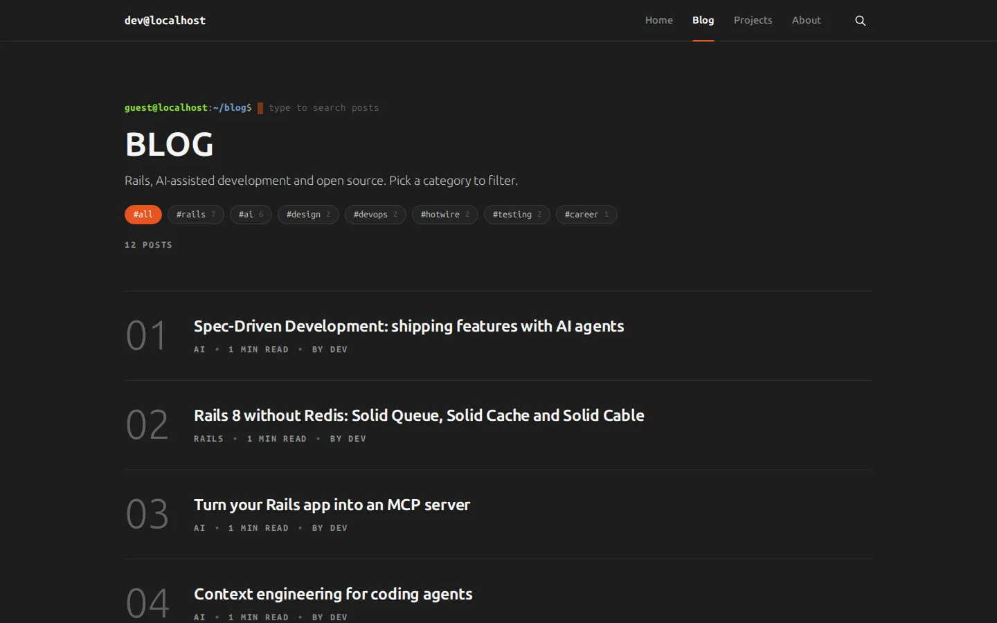 Yaru blog page with category pills such as rails, ai and devops above the post list