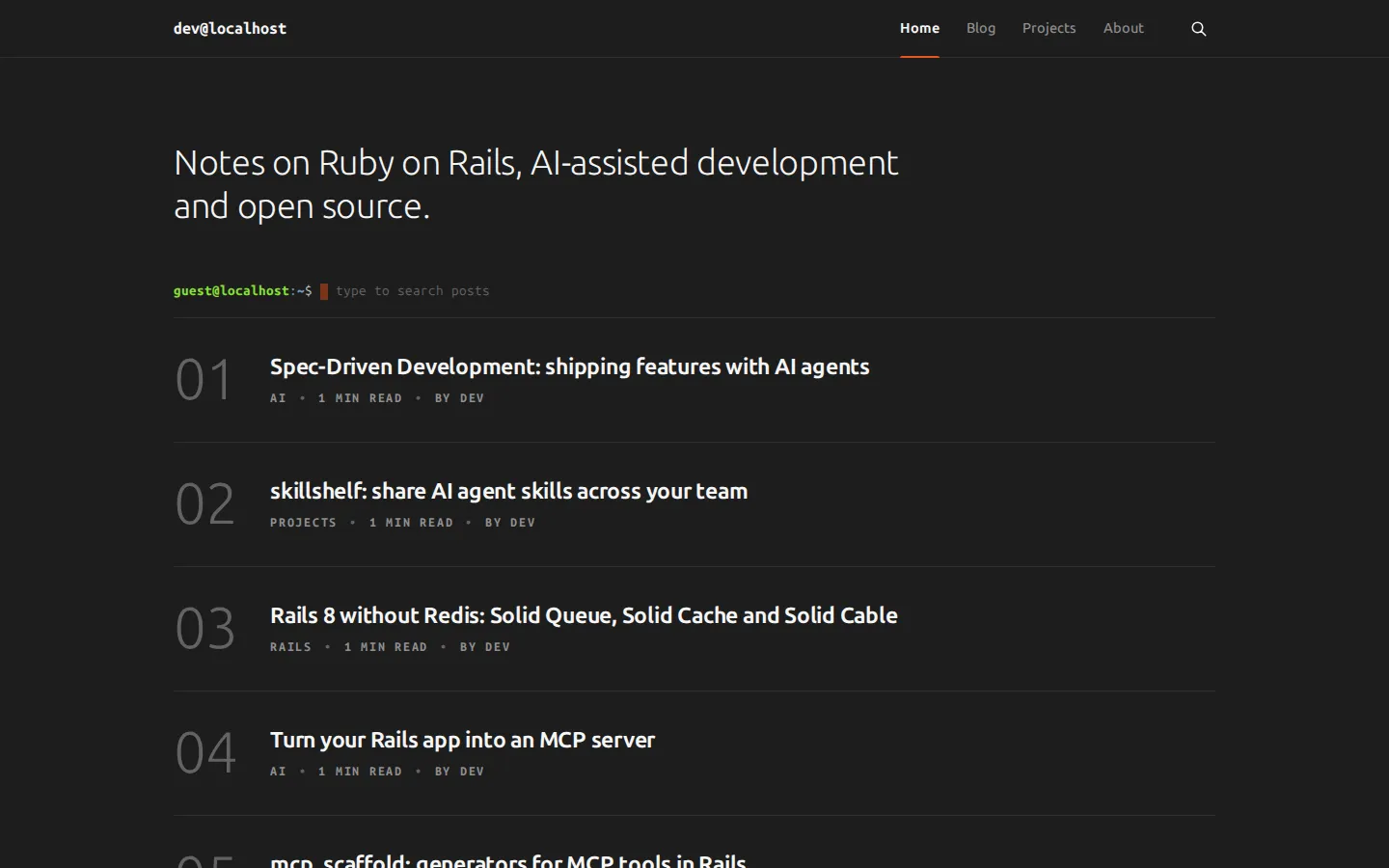 Yaru home page: a short tagline, a bash prompt to search posts and a numbered post list
